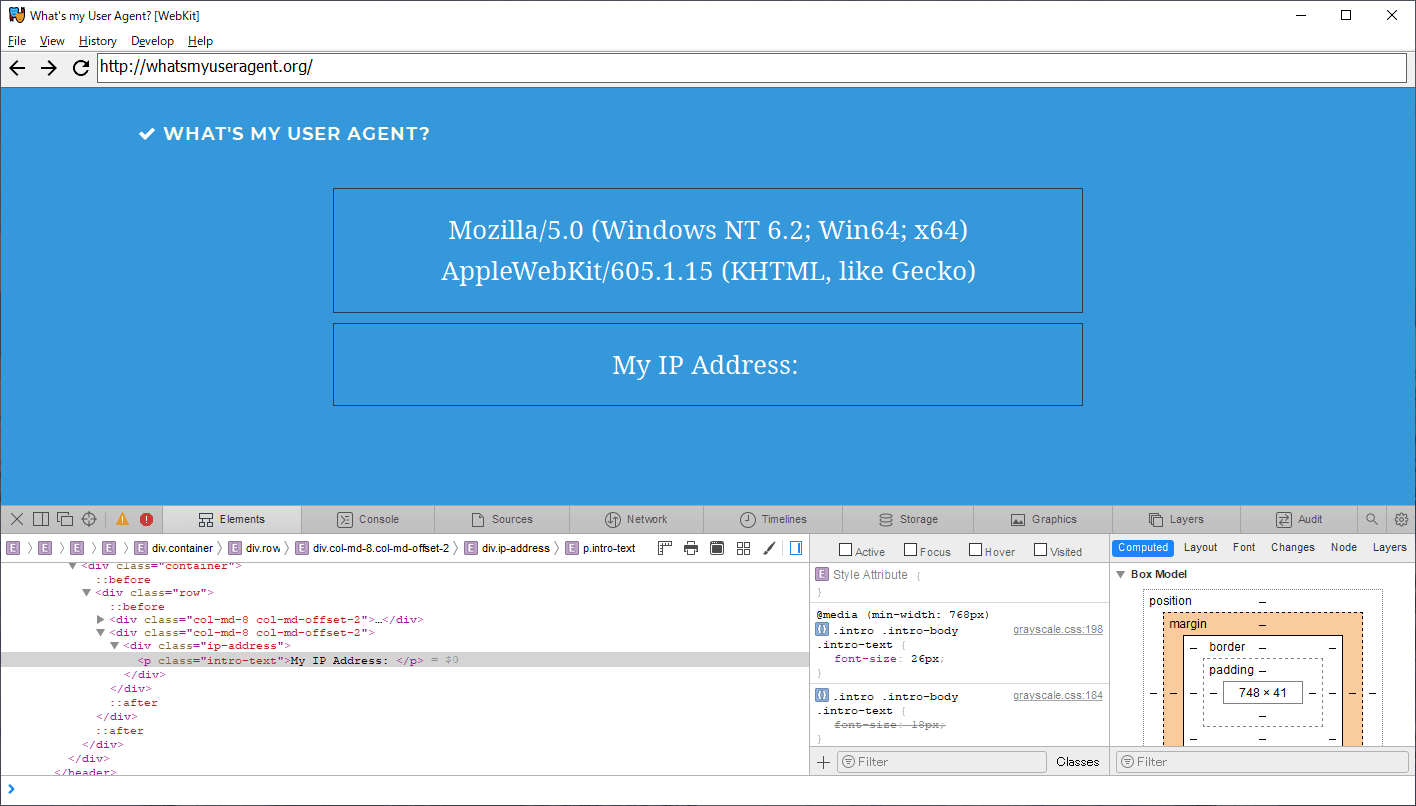 シンプルなメニューと playwright のアイコンが相まって怪しげな印象（IP は Web Inspector で消してみました）